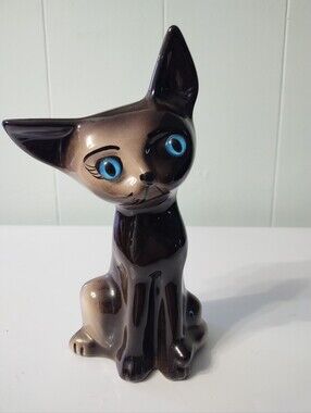 Vintage Blue-Eyed Ceramic Cat Figurine - Brown/Black